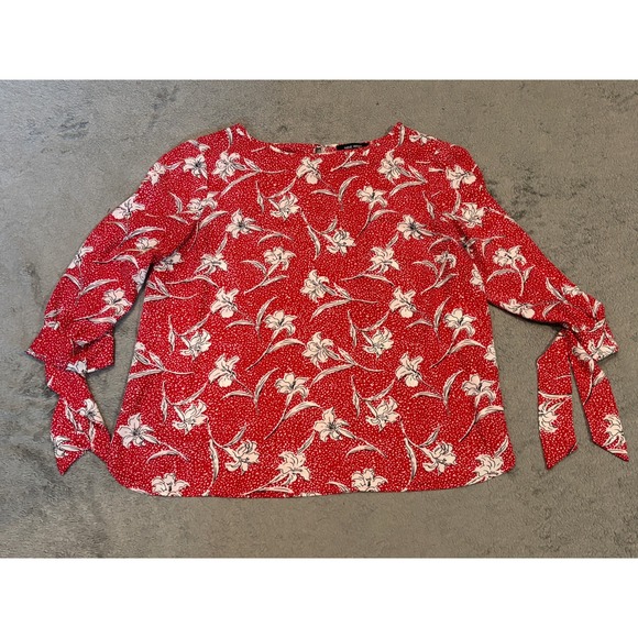 Nine West Tops - Nine West Red Floral Polka Dot Tie Sleeve Blouse XL Boat Neck Lily Print Top